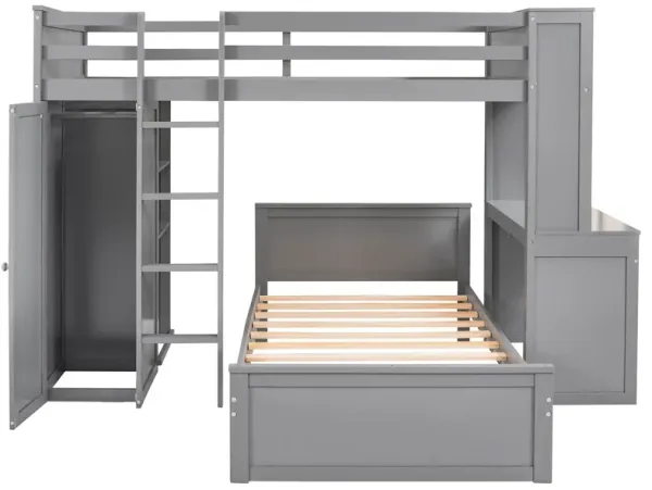 Loft Bed With A Stand Alone Bed, Shelves, Desk, And Wardrobe