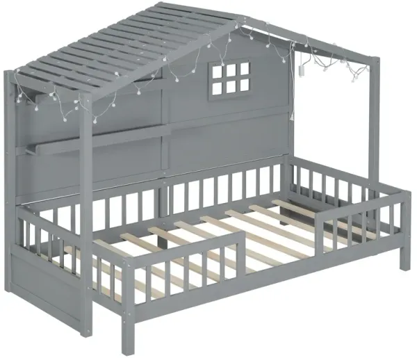 House Bed With Shelves, Window And Sparkling Light Strip On The Roof