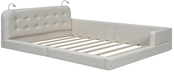 Queen Size Upholstered Platform Bed With 2 Reading Lights - White