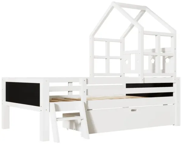 House Bed With Ladder And Storage Drawers Platform With Blackboard, No Box Spring
