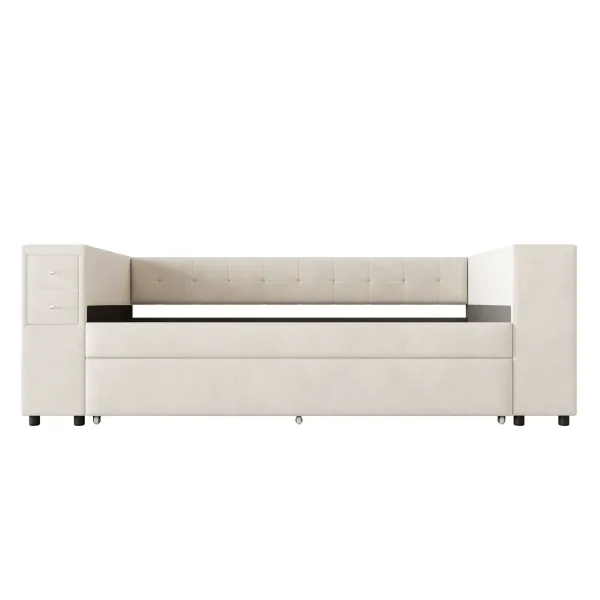 Upholstered Bed With Storage And Twin Trundle, USB Charging Ports
