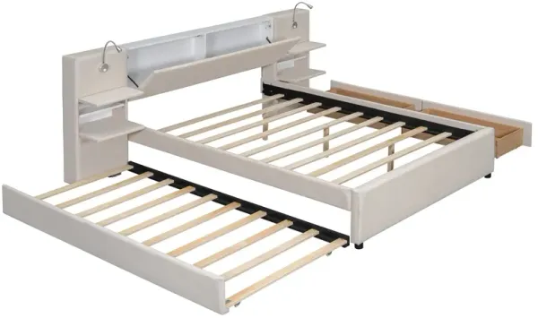 Upholstered Platform Bed With Reading Lights, Drawers, Trundle And Shelves
