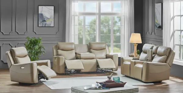 Beige 3-Piece Power Reclining Living Room Set with USB Ports, Console Loveseat & Drop-Down Table