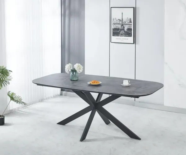 Modern Dining Table, MDF With Paper Finish, Metal Leg Powder Coating - Gray / Black