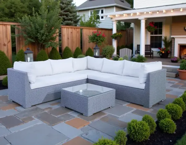 4-Piece Outdoor Wicker Sectional Set with Glass-Top Coffee Table