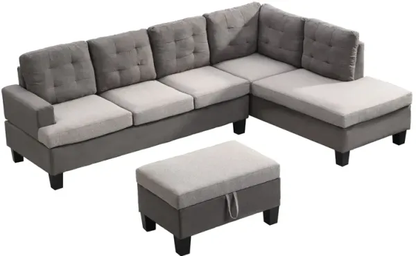 Sofa Set With Chaise Lounge And Storage Ottoman - Gray