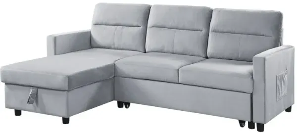 Ruby - Velvet Reversible Sleeper Sectional Sofa With Storage Chaise And Side Pocket - Light Gray