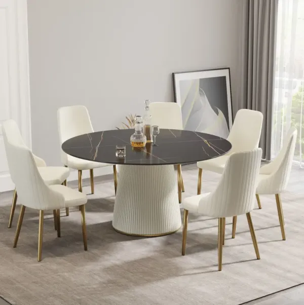 Modern Artificial Stone Round Plywood Base Dining Table, Can Accommodate 8 People, (Not Including Chairs) - Black / Beige