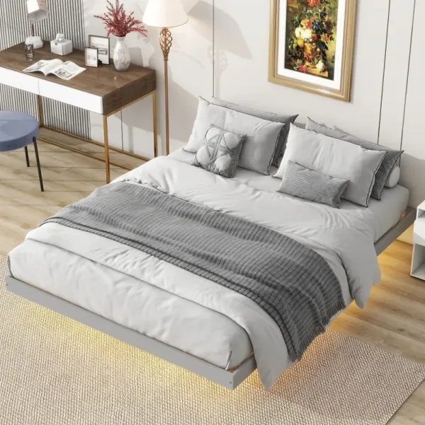 Floating Bed With Led Lights Underneath, Modern Queen Size Low Profile Platform Bed With Led Lights