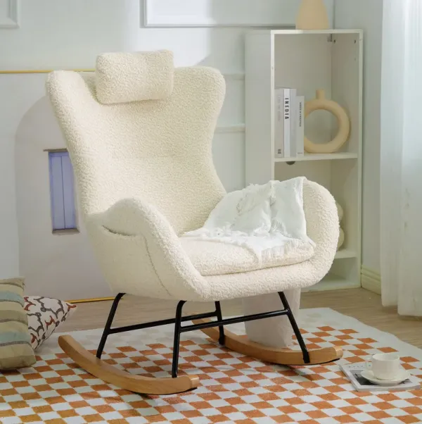 Rocking Chair Nursery, Teddy Upholstered Rocker Glider Chair With High Backrest, Adjustable Headrest & Pocket, Comfy Glider Chair For Nursery, Bedroom, Living Room, Offices, Rubber Wood