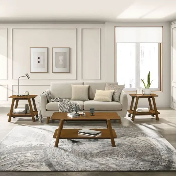 Metz - Mid-Century Modern Wood Shelf 3 Piece Coffee Table Set - Walnut