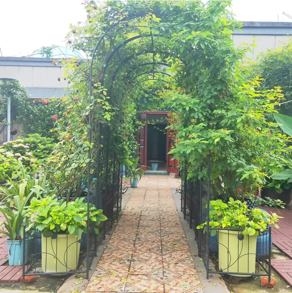 Metal Garden Arch With Two Plant Stands Wide High Climbing Plants Support Rose Arch Outdoor - Black