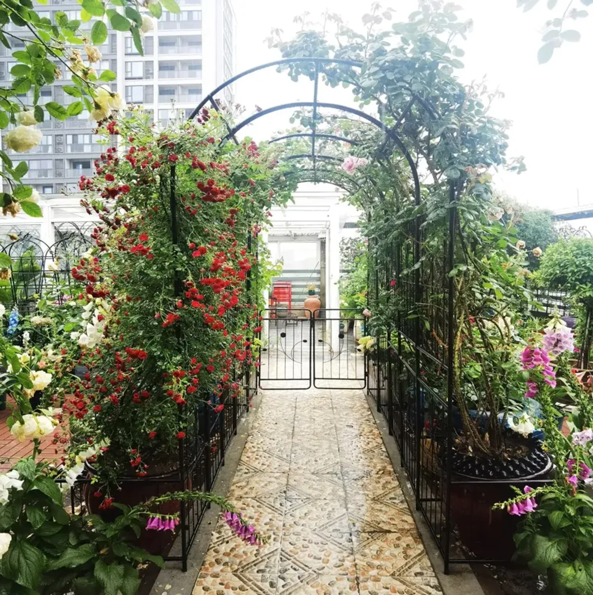 Metal Garden Arch With Two Plant Stands Wide High Climbing Plants Support Rose Arch Outdoor - Black