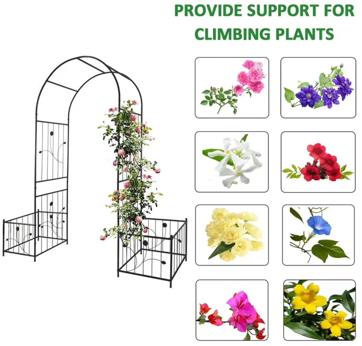 Metal Garden Arch With Two Plant Stands Wide High Climbing Plants Support Rose Arch Outdoor - Black
