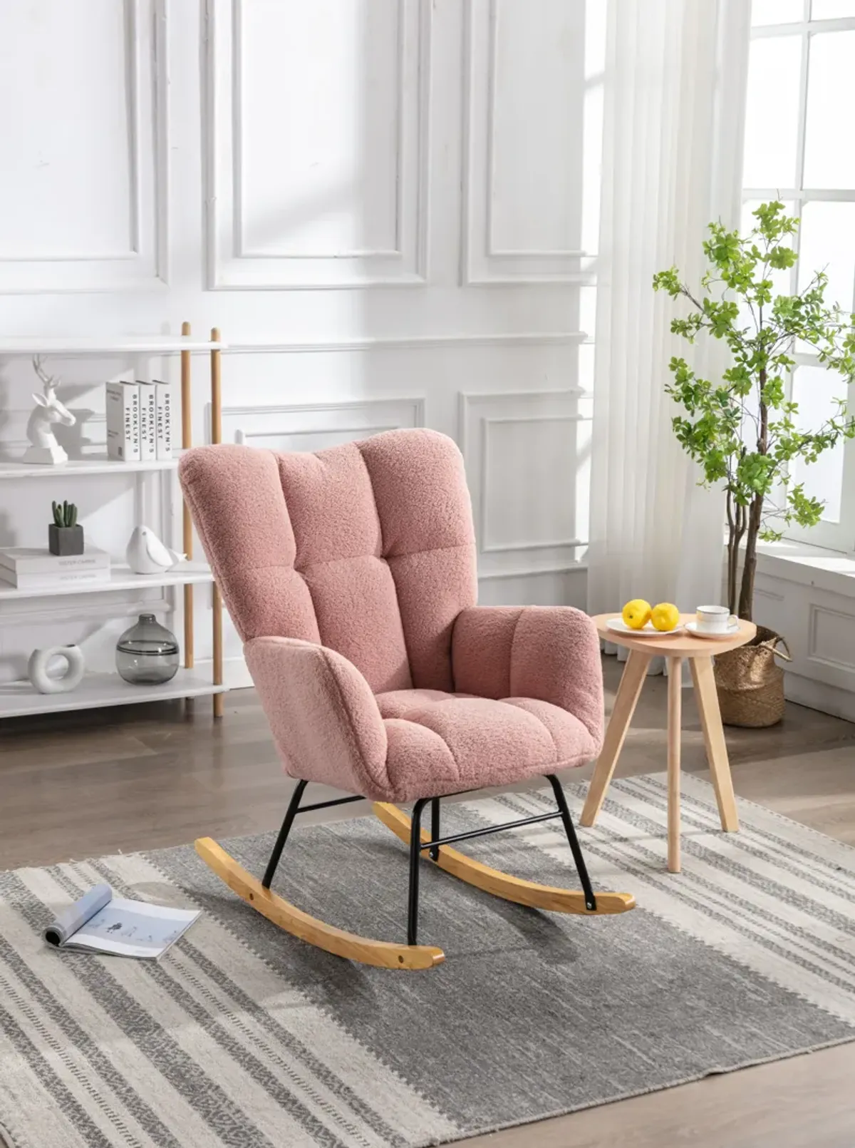 Mid Century Modern Teddy Fabric Tufted Upholstered Rocking Chair Padded Seat For Living Room Bedroom
