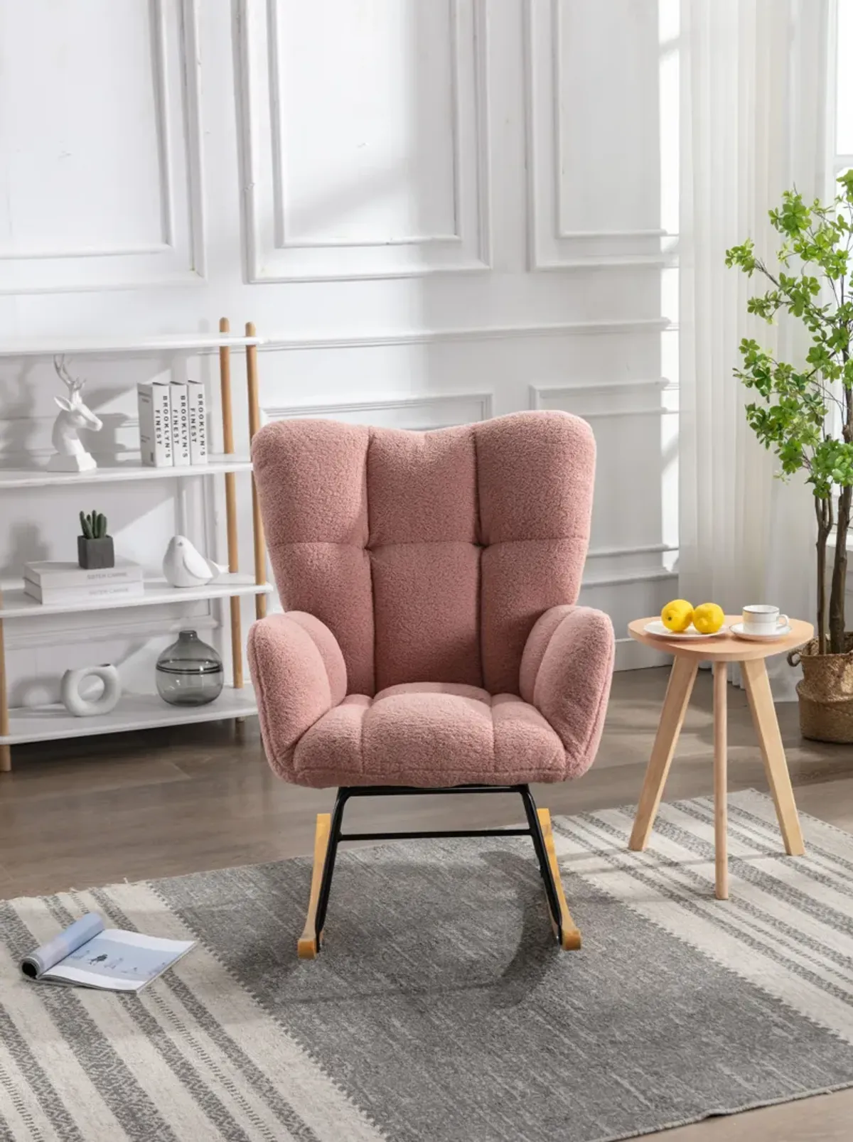 Mid Century Modern Teddy Fabric Tufted Upholstered Rocking Chair Padded Seat For Living Room Bedroom