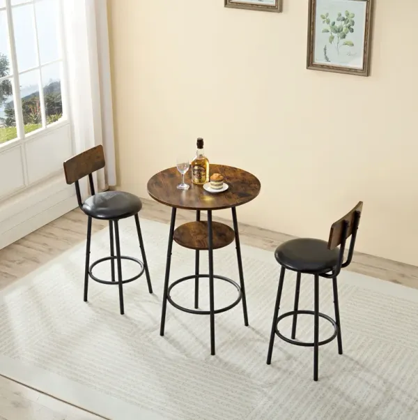 3 Piece Round Dining Table, Two-Level Small Dining Table With Storage, Bar Table, Two Upholstered Bar Chairs With Backrest - Antique Brown / Black