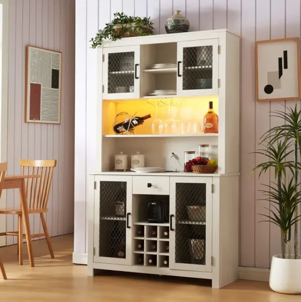 Kitchen Pantry Storage Cabinet Rustic Buffet Cabinet, Kitchen Hutch Cabinet With LED Outlets Food Pantry Cabinet With Doors And Shelves Wine Rack For Dining Room - Antique White