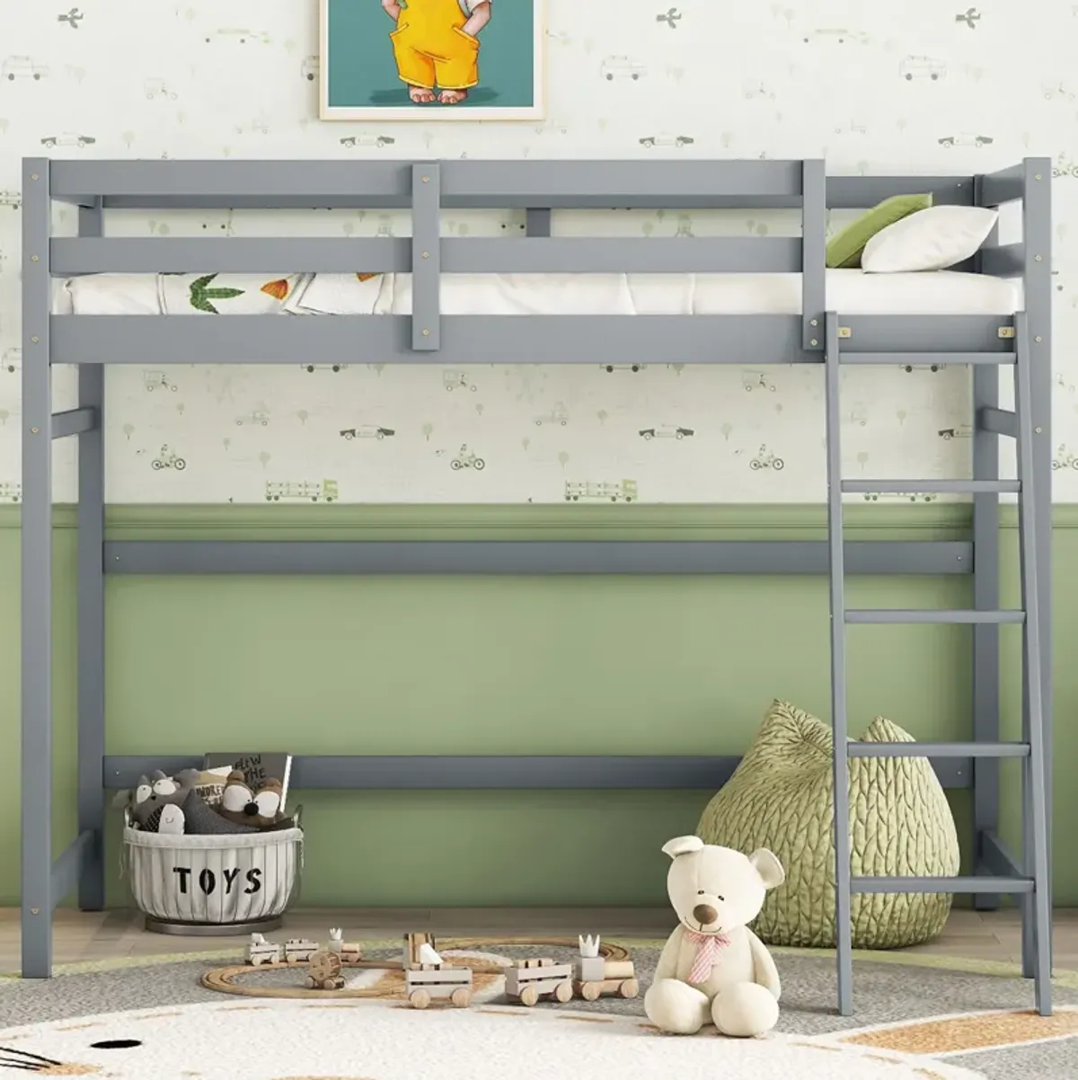 High Loft Bed With Inclined Ladder, Guardrails