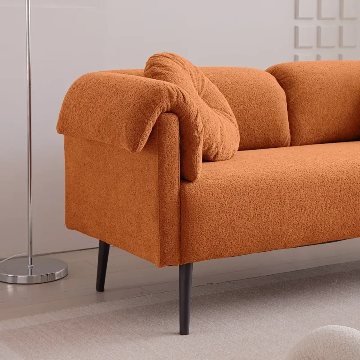 Modern Lamb Wool Sofa With Decorative Throw Pillows For Small Spaces