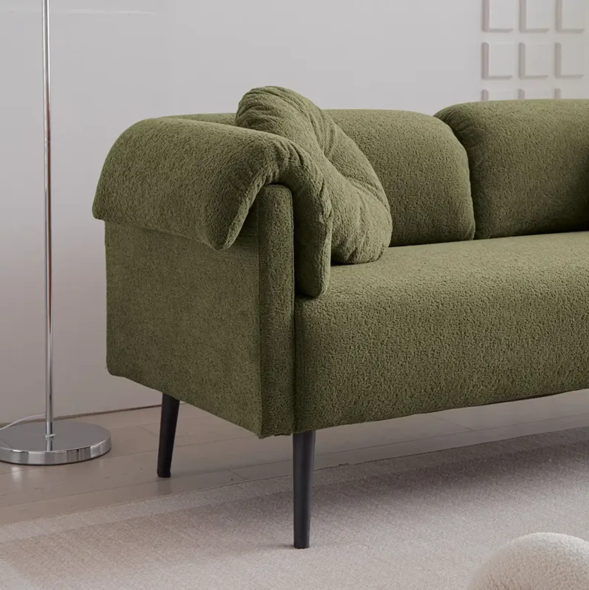 Modern Lamb Wool Sofa With Decorative Throw Pillows For Small Spaces
