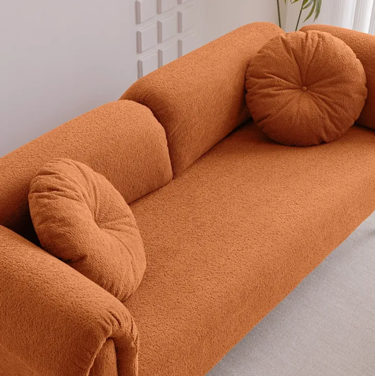Modern Lamb Wool Sofa With Decorative Throw Pillows For Small Spaces