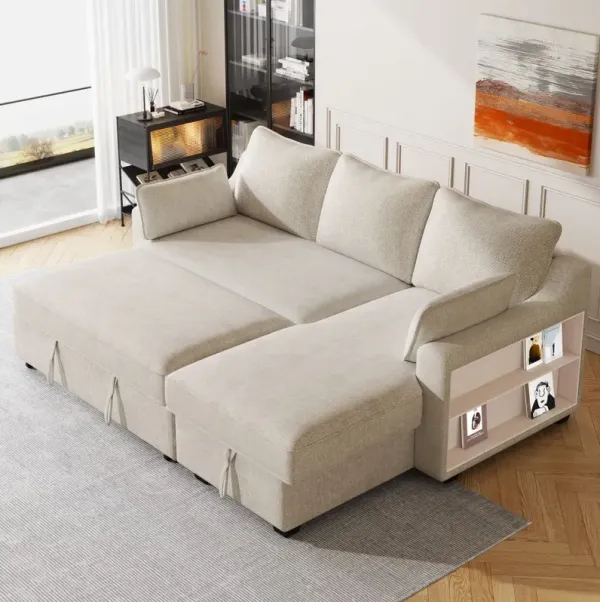Pull Out Sleeper Sofa L-Shaped Couch Convertible Sofa Bed With Storage Chaise, Storage Racks And USB Ports