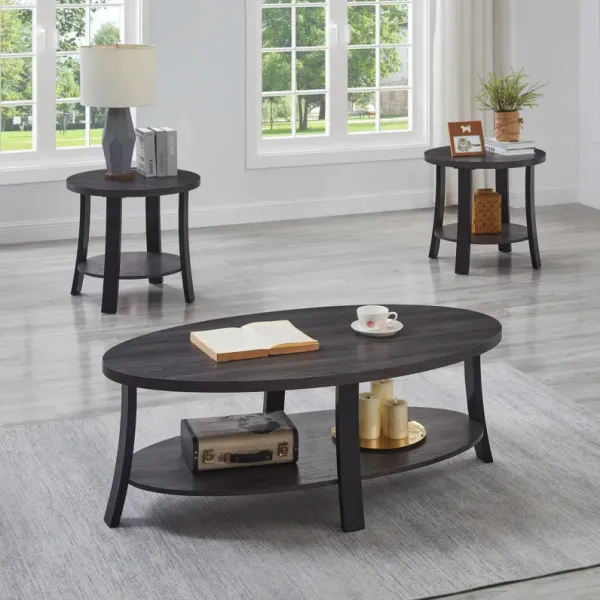 Anze - 3 Piece Coffee Table Set Contemporary Oval Wood Shelf - Charcoal
