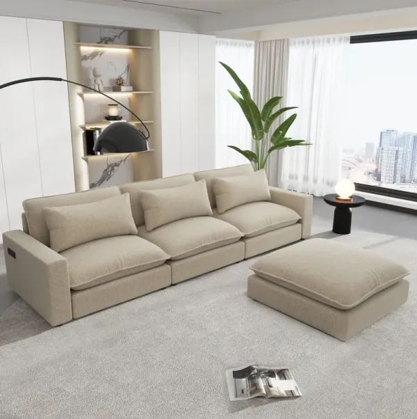 Sectional Sofa Cloud Sofa Chenille Upholstered Sofa Couch With Movable Ottoman, Comfortable Seat Cushions, Charging Ports And Three Back Pillows For Living Room