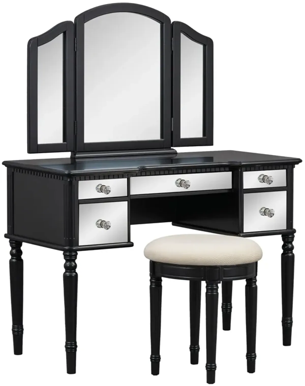 Dressing Table Set With Mirrored Drawers And Stool, Tri-Fold Mirror, Makeup Vanity Set For Bedroom
