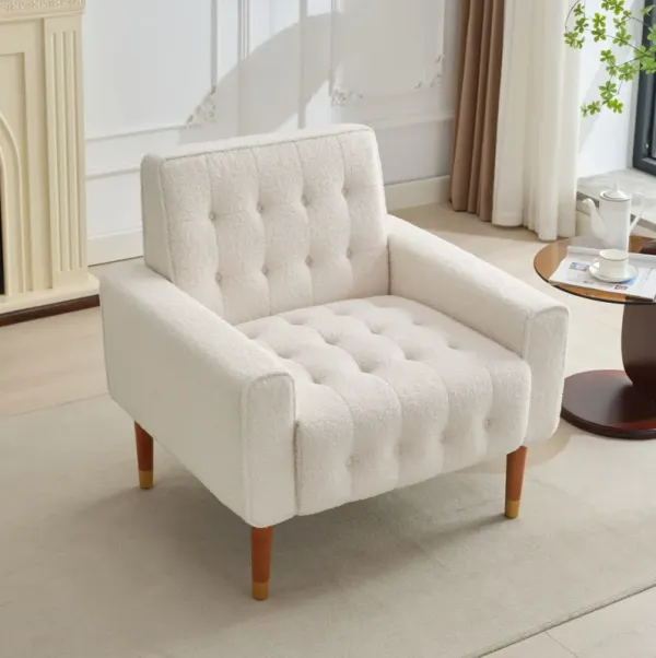 Classic Biscuit Style Accent Chair Comfortable Armrests, Soft Fabric, Elegant Solid Wood Legs With Gold Finish - Beige