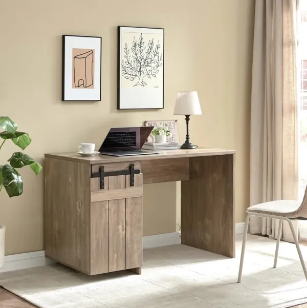 Home Office Desk Hazelnut One Cabinet Three Shelves Faux Barn Door On Metal Euro Hinges Modesty Panel - Light Brown