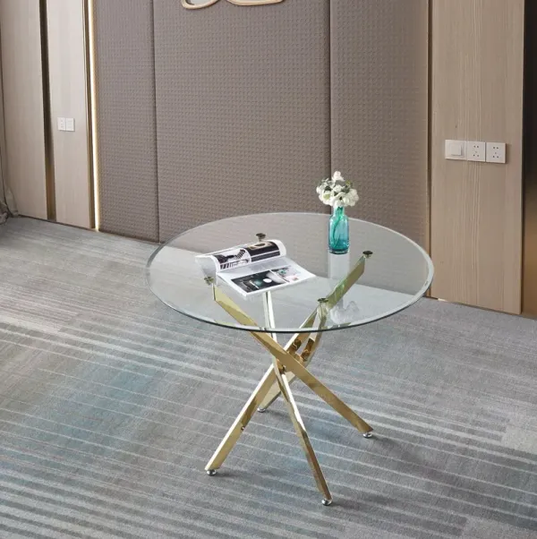 Contemporary Round Clear Dining Tempered Glass Table With Stainless Steel Legs - Gold