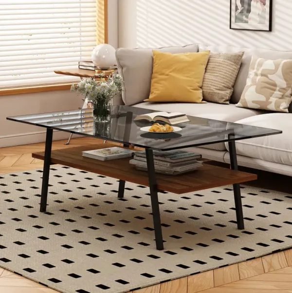 Rectangle Coffee Table, Tempered Glass Tabletop With Metal Legs