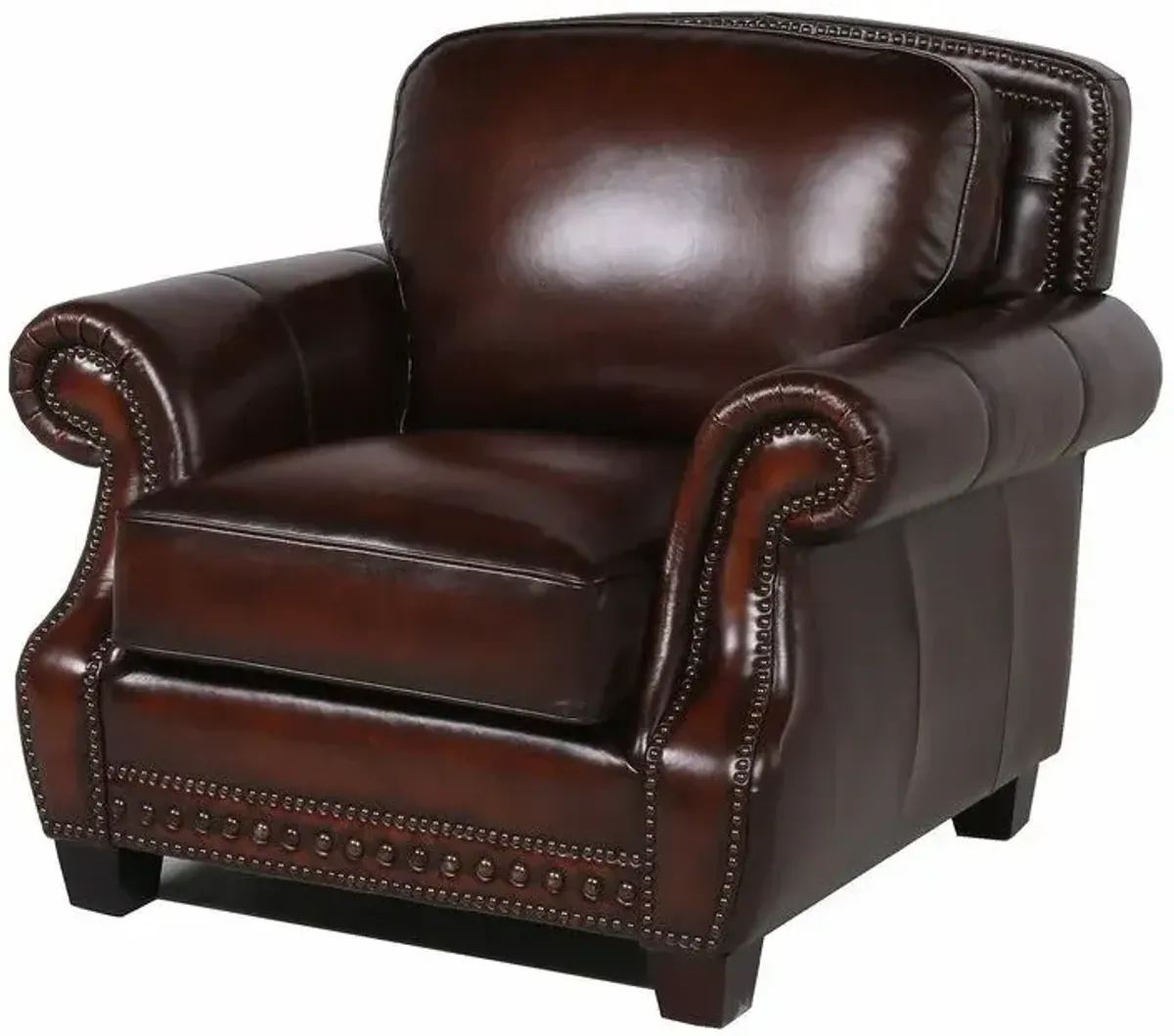 Traditional Roll Arm Nailhead Leather Chair - Brown