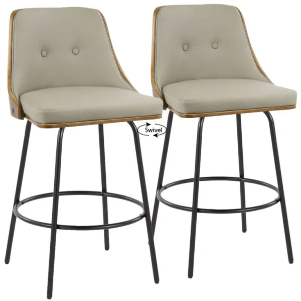 Gianna - Mid-Century Modern Fixed Height Counter Stool With Swivel With Round Footrest (Set of 2) - Black / Walnut / Light Gray
