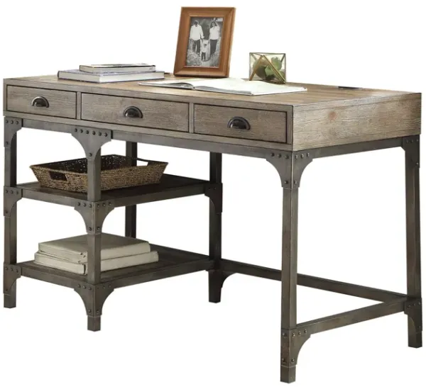 Gorden - Weathered Antique Metal Writing Desk - Oak