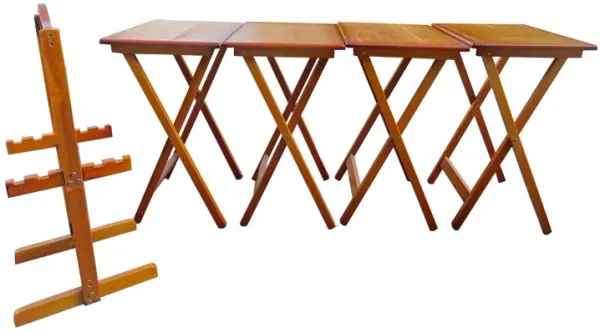 Folding Trays With Storage Rack Snack Table (Set of 4) - Honey