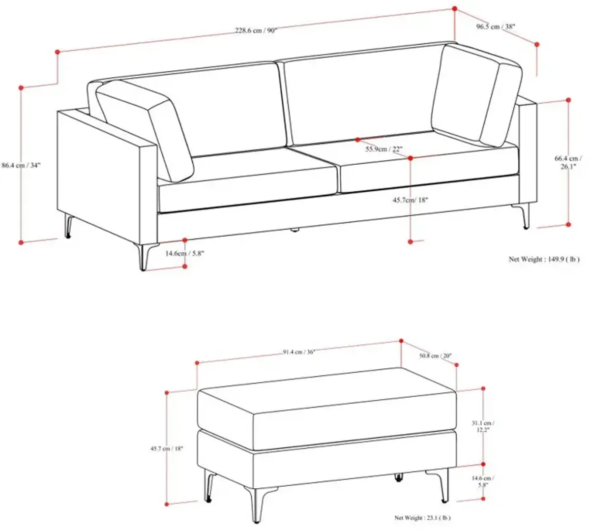 Ava - Mid Century Sofa With Ottoman Set