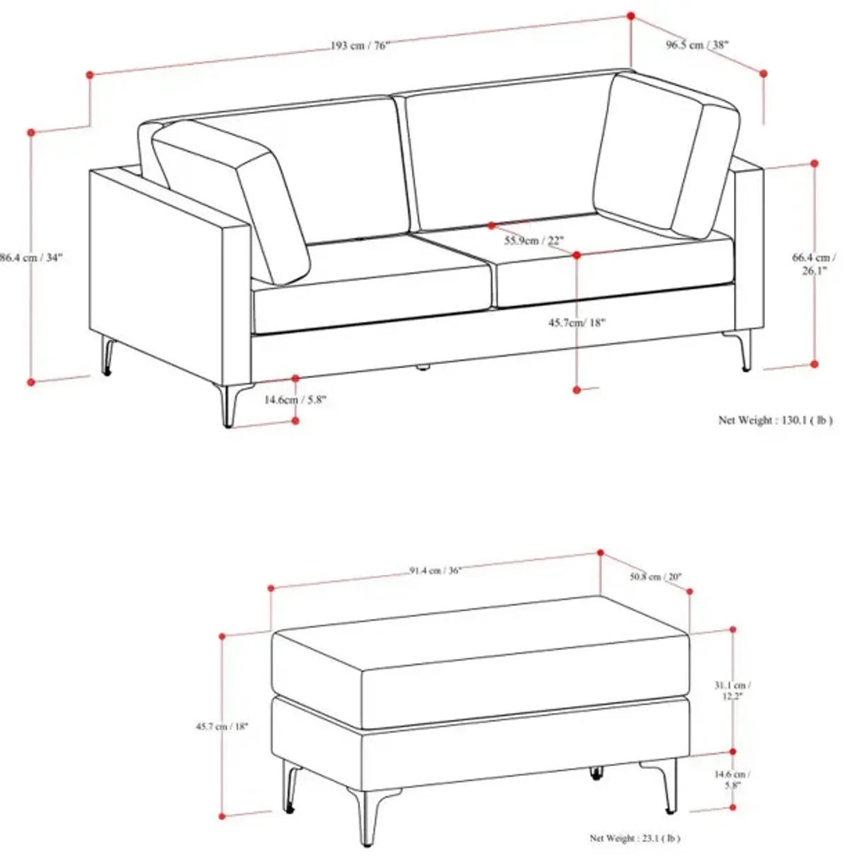 Ava - Mid Century Sofa With Ottoman Set