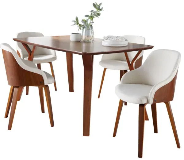 Folia Bacci - 5 Piece Mid-Century Modern Dining Set - Walnut / Cream