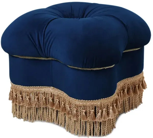 Ellen - Upholstered Clover Ottoman With Gold Bullion Fringe - Navy Blue