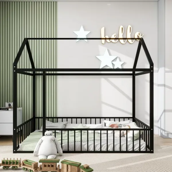 Metal Bed House Bed Frame With Fence
