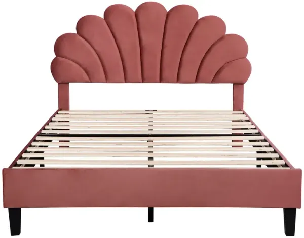 Upholstered Platform Bed With Flower Pattern Velvet Headboard