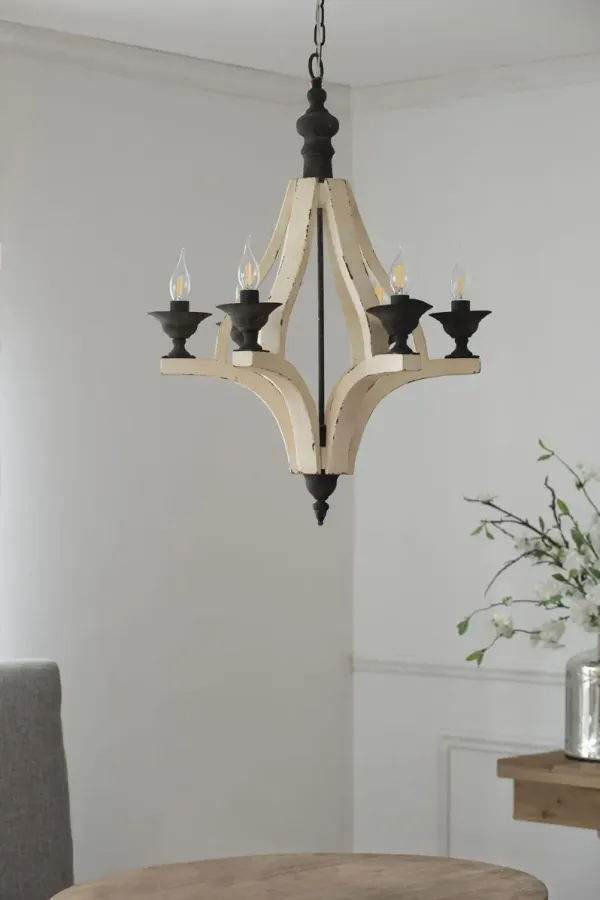6 Light Wood Chandelier, Hanging Light Fixture With Adjustable Chain For Kitchen, Bulb Not Included - Cream