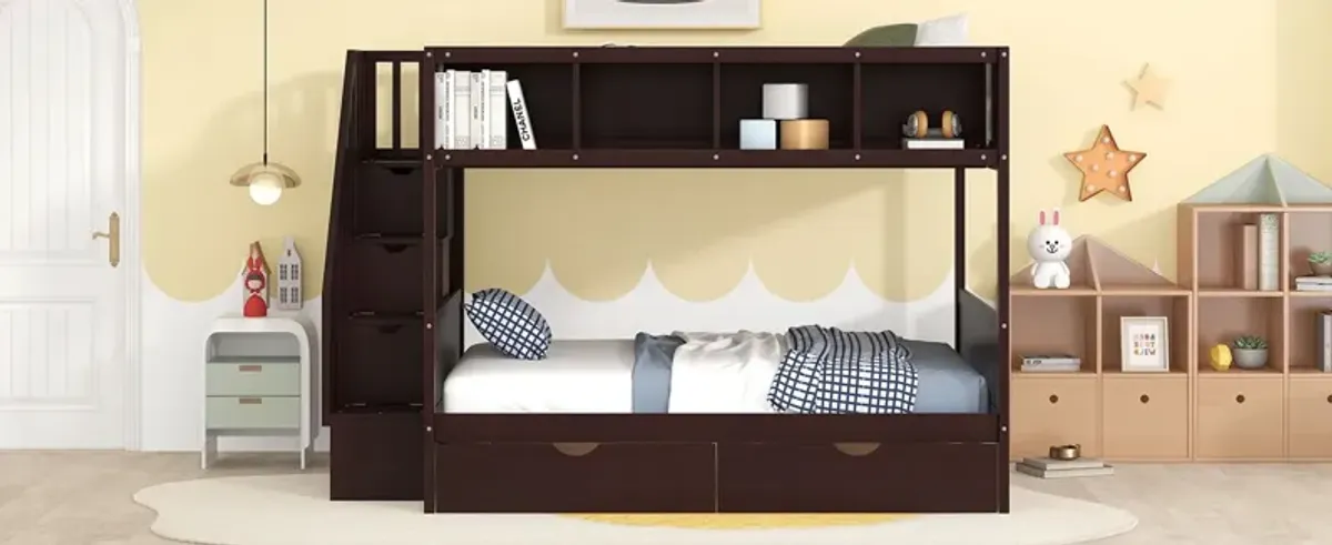 Bunk Bed With Shelfs, Storage Staircase And 2 Drawers