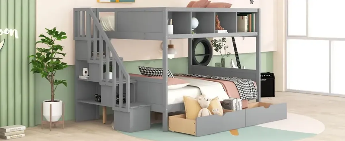Bunk Bed With Shelfs, Storage Staircase And 2 Drawers