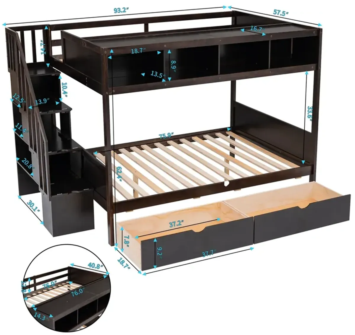 Bunk Bed With Shelfs, Storage Staircase And 2 Drawers