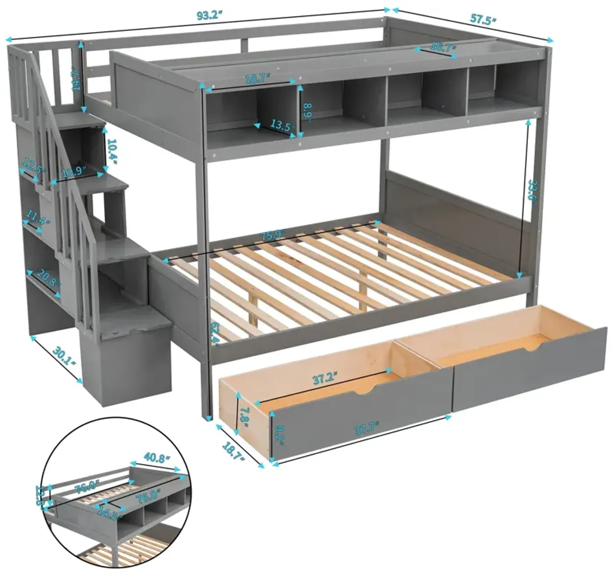 Bunk Bed With Shelfs, Storage Staircase And 2 Drawers