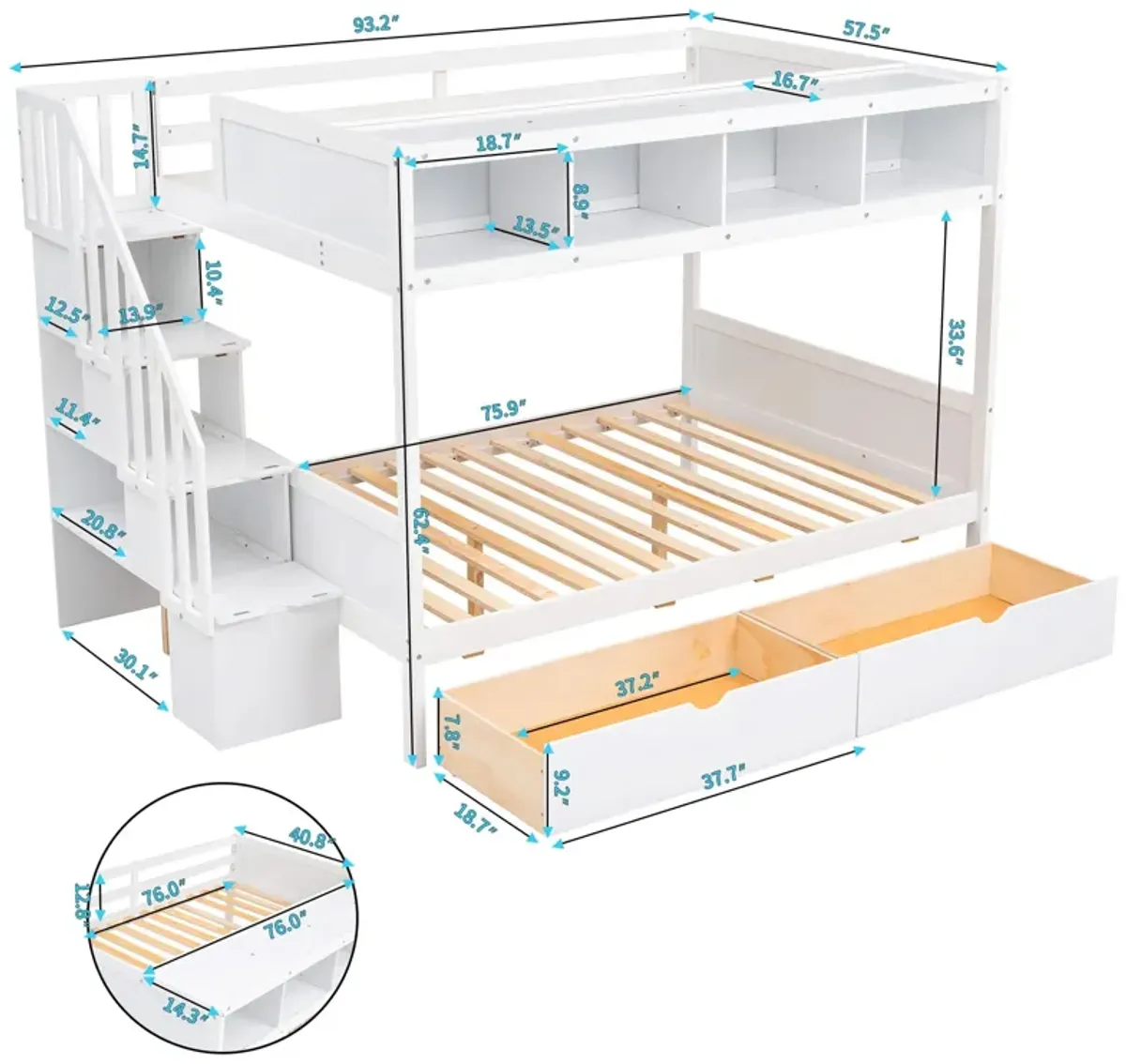 Bunk Bed With Shelfs, Storage Staircase And 2 Drawers